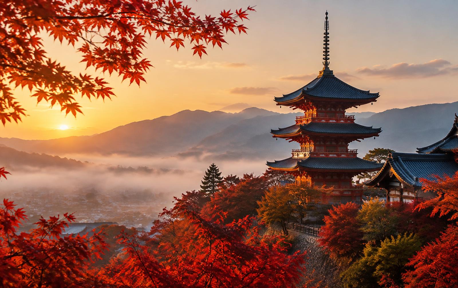 Pagoda among autumn maples in Kyoto